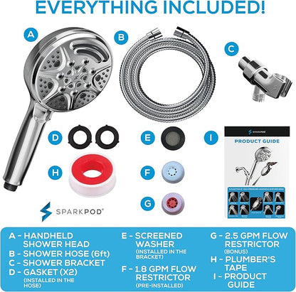 SparkPod 5 Inch 9 Spray Setting Handheld Shower Head - Water Saving Pause With On/Off Switch - Tool-Free 1-Min Install - Pulsating Rain Mode - Relaxing Rain Shower With Soothing Mist - Luxury Chrome