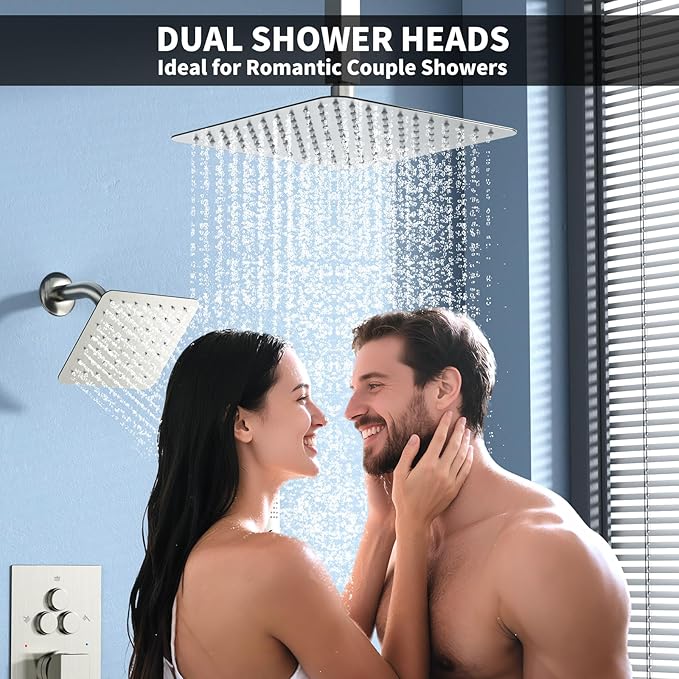 Shower Faucet Set Shower System - EMBATHER Brushed Nickel Push Button Diverter Dual Shower Faucet Valve Kit with Rain Ceiling Mount 10 Inch Shower Head 6 Inch Wall Mount, 2 in 1 Handheld for Couple
