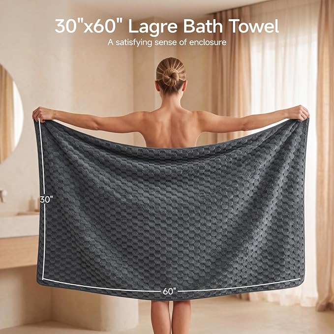 REDKISS Charcoal Gray Microfiber Bath Towels Lagre, 30“x60”, 2 Pack | Super Absorbent, Quick Dry, Super Soft, Lint Free, Fluffy Towel for Bathroom, Spa, Gym, Travel, Dorm, Ideal Everyday Use