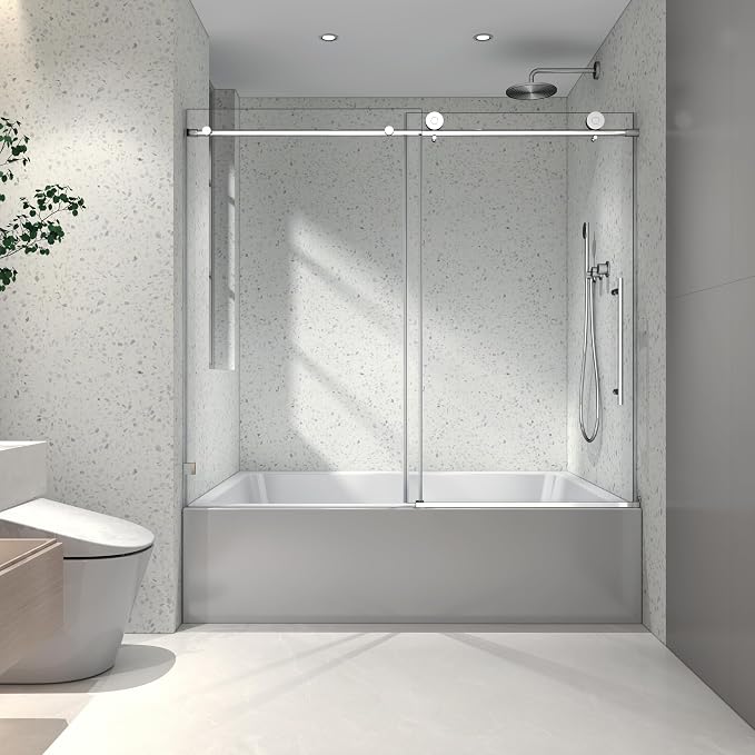 Single Sliding Shower Door,55"-60" W x 63" H Frameless Shower Door with 5/16" (8mm) Thick SGCC Tempered Glass W/Adjustable Soft Closing,Bathroom Glass Door for Spa（Brushed Nickel）