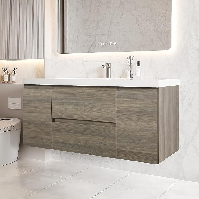 48 Inch Floating Bathroom Vanity with Sink, Large Storage Wall Mounted Floating Vanity with Soft Close Drawers, One-Piece Basin Bathroom Sink Cabinet (Ash Grey, 48 Inch)