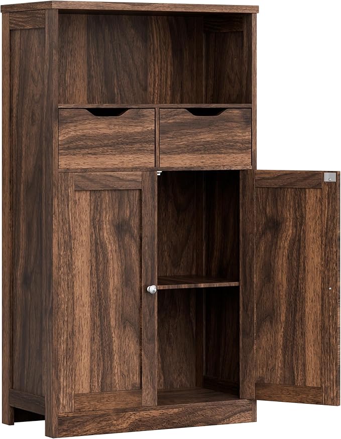 Vongrasig Bathroom Storage Cabinet, 42.5" H Freestanding Floor Cabinet | Wooden Modern Cabinet with 2 Drawers, Open Shelf and Adjustable Shelf for Bathroom, Laundry Room and Entryway, Walnut