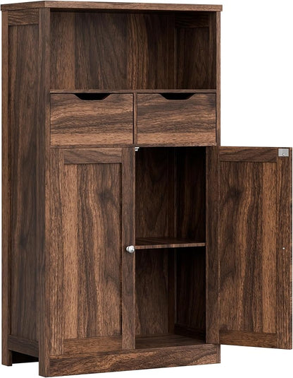 Vongrasig Bathroom Storage Cabinet, 42.5" H Freestanding Floor Cabinet | Wooden Modern Cabinet with 2 Drawers, Open Shelf and Adjustable Shelf for Bathroom, Laundry Room and Entryway, Walnut