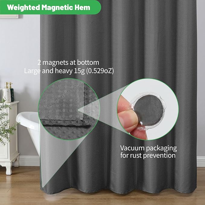 No Hook Waffle Shower Curtain, No Liner Needed, 71x74 Inch, Charcoal Grey | 100% waterproof TPU-laminated backing, magnetic weighted hem, machine washable, shower curtain set for bathroom or hotel use