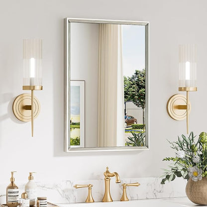 Keonjinn 16 x 24 Inch Small Bathroom Mirrors for Over Sink, Brushed Nickel | Rectangle Mirrors for Wall, Small Bathroom Vanity Mirror, Tempered Glass, Square Corner, Suitable for Compact Apartment