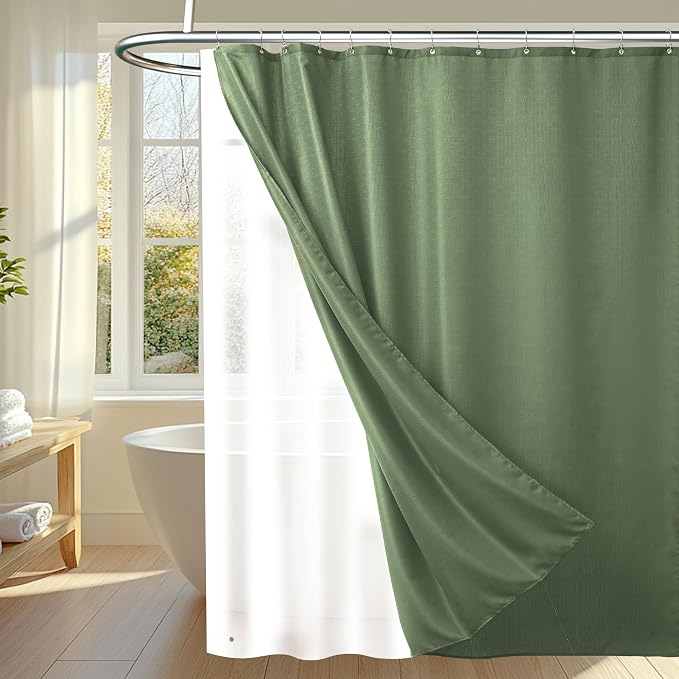 3 in 1 Shower Curtain Set, Green Shower Curtain and Liner Set with 12 Double Sided Shower Curtain Hooks, Cloth Shower Curtains for Bathroom,Waterproof, 72" W*72" H