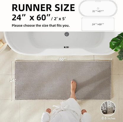 TYUU Waffle Runner Rug Bathroom, Long Boho Bath Mat, 60x24 Light Grey | Super Absorbent Quick Dry Bath Rug, Non-Slip Backing, Soft Waffle Washable Farmhouse Bathroom Mats, Tub, Shower & Home Decor