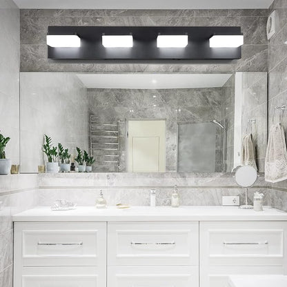 3 Colors Dimmable Black Vanity Lights for Bathroom, LED 4 Light Vanity Lighting Fixtures, Acrylic Stainless Steel Bathroom Light Fixtures over Mirror, Adjustable 3000K/4000K/6000K, 360° Rotate