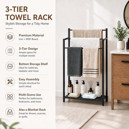 16.9" W Freestanding Towel Rack with Black Wood Shelf | 3 Tier Blanket Ladder Stand for Bathroom Living Room, Metal Frame,31.5"H x 16.9"W x7.9"D