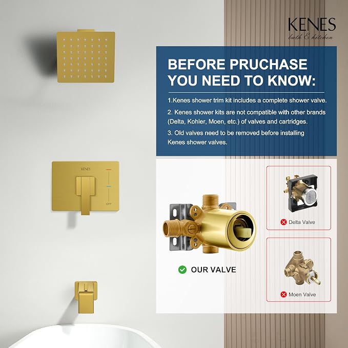 KENES Shower Set with Tub Faucet, Brushed Gold Tub Shower Faucet Set | Shower Faucet with 6-Inch Rain Shower Head, Square Shower System, Valve Included, Lead-Free cUPC & NSF Certified, Stainless