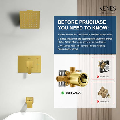KENES Shower Set with Tub Faucet, Brushed Gold Tub Shower Faucet Set | Shower Faucet with 6-Inch Rain Shower Head, Square Shower System, Valve Included, Lead-Free cUPC & NSF Certified, Stainless
