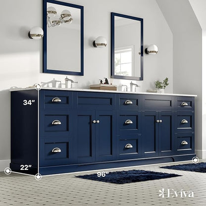 Eviva Epic 96 in. Blue Double Sink Bathroom Vanity with White Carrara Quartz Countertop