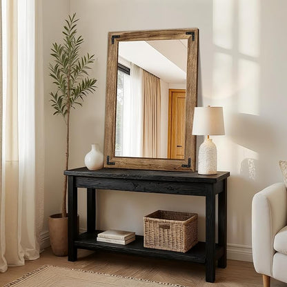 Bathroom Mirror for Wall, 26" x 38" Wooden Vanity Mirror | Solid Wood Frame, Rustic Farmhouse Style, Shatterproof Glass, for Bedroom, Living Room, Entryway Decor, Vertical/Horizontal