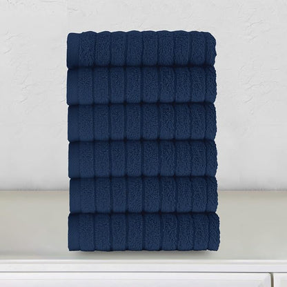 Elegant Comfort 100% Turkish Cotton Corduroy Ribbed Luxury Washcloths 6 Pack Soft 13 x 13 Inch - Higly Absorbent, Durable, Quick Dry, Spa Premium Hotel Quality for Bathroom or Travel, Navy