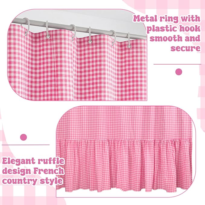 HunnmingRe Ruffle Hem Gingham Shower Curtain Pink | 72'' x 72'' Vintage Farmhouse Curtain, Cotton Cottage Core Rural Checkered Plaid Decor, Fall Shower Curtain for Bathroom