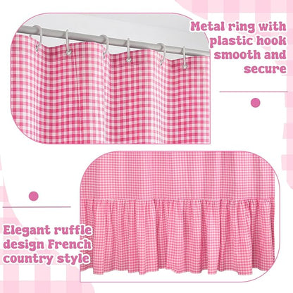 HunnmingRe Ruffle Hem Gingham Shower Curtain Pink | 72'' x 72'' Vintage Farmhouse Curtain, Cotton Cottage Core Rural Checkered Plaid Decor, Fall Shower Curtain for Bathroom