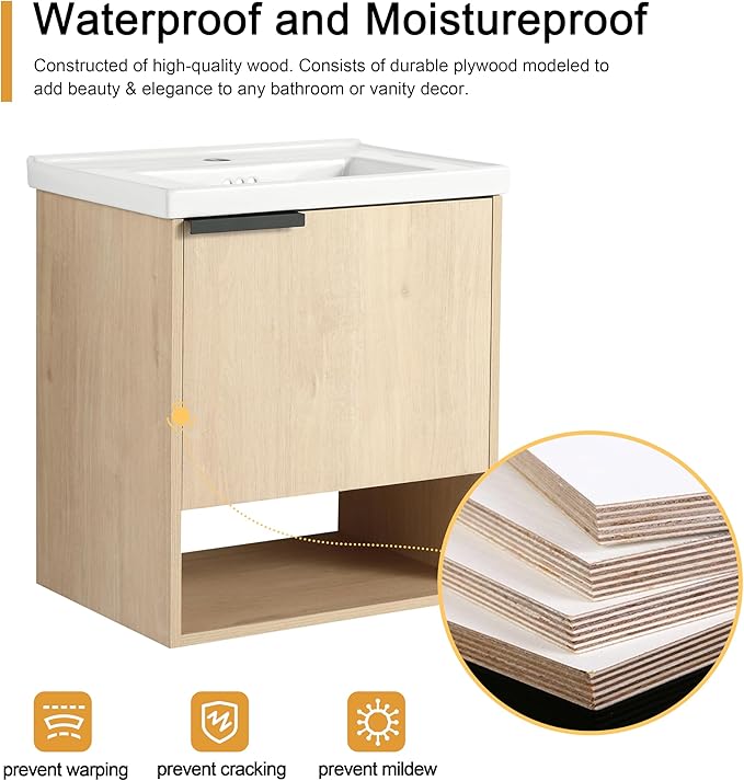 Malwee 20" Floating Bathroom Vanity with Sink, 20 Inch Single Sink Wall Mounted Bathroom Vanity, with 1 Door and White Ceramic Basin Top for Small Space, Plywood(066-20MA)
