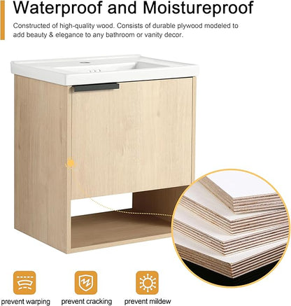 Malwee 20" Floating Bathroom Vanity with Sink, 20 Inch Single Sink Wall Mounted Bathroom Vanity, with 1 Door and White Ceramic Basin Top for Small Space, Plywood(066-20MA)