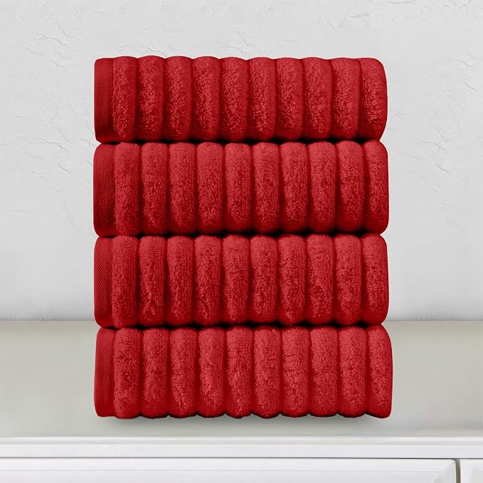 Elegant Comfort Luxury 100% Turkish Cotton Corduroy Ribbed 4 Pack Hand Towel Set 16 x 28 Inch - Absorbent, Super Soft, Quick Dry, Premium Towels for Bathroom, Gym, Spa and Hotel Use, Red