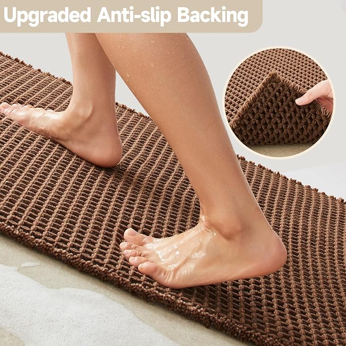 TYUU Waffle Runner Rug Bathroom, Long Boho Bath Mat, 60x24 Mocha | Super Absorbent Quick Dry Bath Rug, Non-Slip Backing, Soft Waffle Washable Farmhouse Bathroom Mats, Tub, Shower & Home Decor