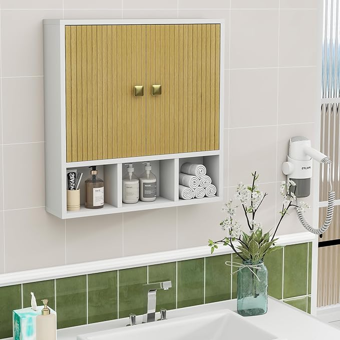 Bathroom Wall Cabinet,Wooden Medicine Cabinet with Fluted Doors Over The Toilet Storage Cabinet with Adjustable Shelf for Bathroom,White