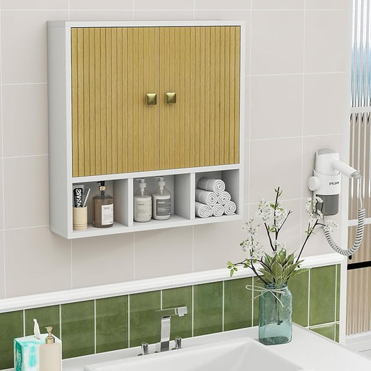 Bathroom Wall Cabinet,Wooden Medicine Cabinet with Fluted Doors Over The Toilet Storage Cabinet with Adjustable Shelf for Bathroom,White