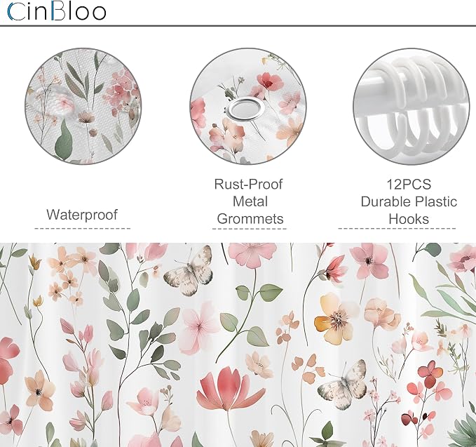 Pink Blush Coral Flower Floral Peach Watercolor Bathroom Shower Curtain Set | 72"W x 78"H Cute Wildflower; waterproof HD print, quick-dry fabric and plastic hooks for easy setup.