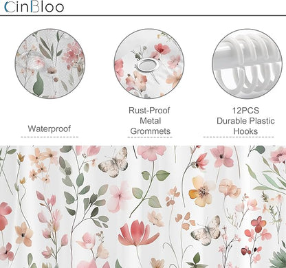 Pink Blush Coral Flower Floral Peach Watercolor Bathroom Shower Curtain Set | 72"W x 78"H Cute Wildflower; waterproof HD print, quick-dry fabric and plastic hooks for easy setup.