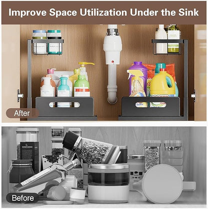 VUSIGN Under the Sink Organizer, 2-Tier Pull Out Cabinet Organizer, Metal Slide Out Storage for Bathroom Kitchen, 1 Pack, Black