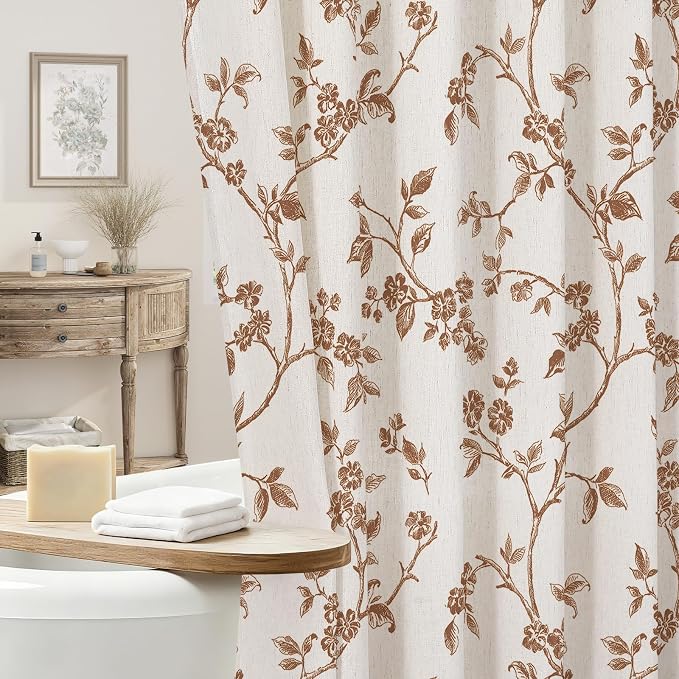 MitoVilla Brown Linen Floral Shower Curtain for Bathroom, 72 x 72 | Brown BoHo Cottagecore Spring Shower Curtains, Modern Farmhouse Country Plant Leaves Bathroom Décor, 72 x 72