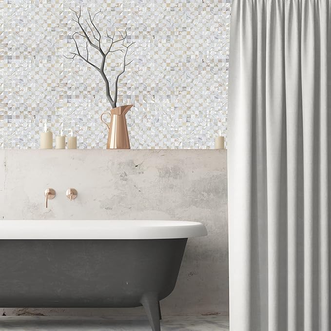 Peel and Stick Mother of Pearl Shell Backsplash Tiles, White & Natural | Waterproof self-adhesive mosaic tiles with 10 sq ft coverage for kitchen backsplash, bathroom walls and easy DIY installation
