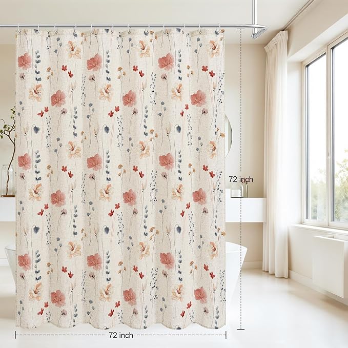 Coral Linen Watercolor Floral Fabric Shower Curtain, 72x72 | Linen Fabric, Modern Minimalist Floral Print, Machine Washable, Rustproof Grommets, for Bathroom Home