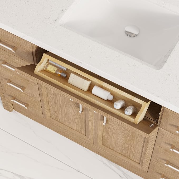 Capri III 48" Single Sink Bathroom Vanity With Stealth Organizer, Solid Wood Bathroom Cabinet with Engineered Stone Countertop & Backspalsh, Soft Closing Door & Drawer, Pre-Assembled, Weathered Oak