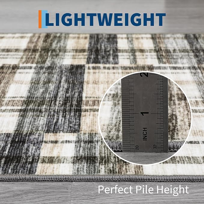 Washable Rugs 9 x 12 Rug for Living Room Farmhouse Rug for Bedroom Large Area Rug Plaid Non Slip Carpet Throw Rugs for Dining Room Stain Resistant Office Classroom, Blue/Beige