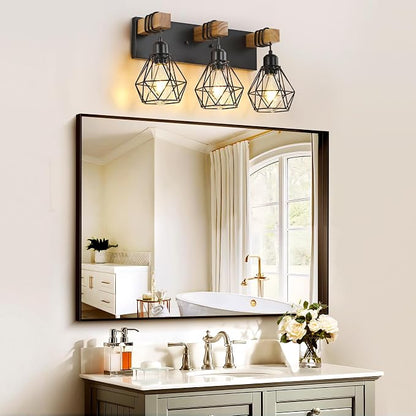 VbiTmn Bathroom Light Fixtures,3 Light Black Farmhouse Wood Vanity Lights | Rustic Design, Diamond Metal Shades, Easy to Install, Wall Sconces for Bathroom, Bedroom, Makeup Area, Over Vanity Mirror