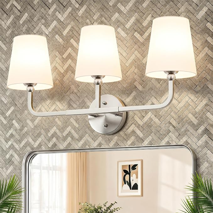 MOKATNG Bathroom Light Fixtures, 3-Light Brushed Nickel Vanity Lights, Bathroom Lighting Fixtures Over Mirror with Flared White Fabric Shade, Modern Wall Sconces for Living Room Hallway