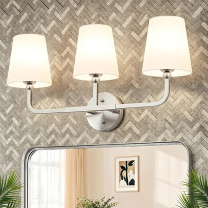 MOKATNG Bathroom Light Fixtures, 3-Light Brushed Nickel Vanity Lights, Bathroom Lighting Fixtures Over Mirror with Flared White Fabric Shade, Modern Wall Sconces for Living Room Hallway