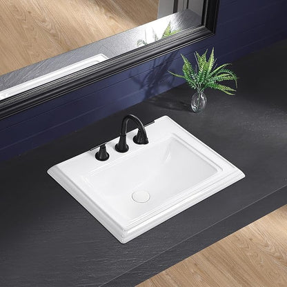 23"x18" Semi Recessed Bathroom Sink with 8-in Centerset Three 1.38" Faucet Hole Drop-in Vessel Sink White Porcelain Ceramic Modern Rectangular Sinks Basin Vanity Sinks with Overflow