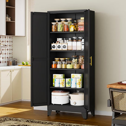 71" Black Metal Storage Cabinet with 2 Doors and 4 Adjustable Shelves,Steel Garage Tool Cabinet, File Cabinet,Kitchen Pantry Cabinet for Home,Office,Garage,School,Warehouse