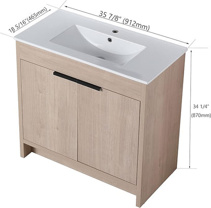 SSLine 36-Inch Bathroom Vanity with Sink Mid-Century Bathroom Vanities with Top Basin Floor Wood Bathroom Sink Cabinet with Soft-Close Doors & Adjustable Storage Shelves (Light Oak)
