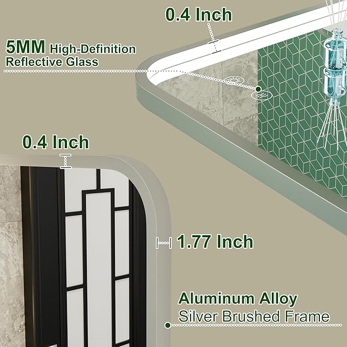 24"x36" Silver LED Bathroom Mirror with Lights,3000K/4500K/6000K | Stepless Dimmable,Anti-Fog,Memory Function,Aluminum Frame Wall Mount Lighted Bathroom Vanity Mirror,ETL Cert‌,IP54 Waterproof