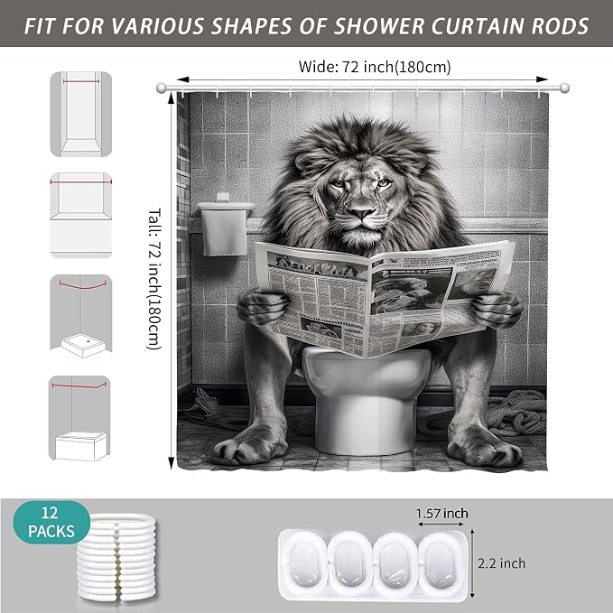 Farmhouse Funny Lion Mens Shower Curtain for Bathroom 72W*72H Inch Black and White Humor Animal Reading on Toilet Bathtub Decor Western Country Animal Waterproof Polyester Fabric Set with 12 Hooks