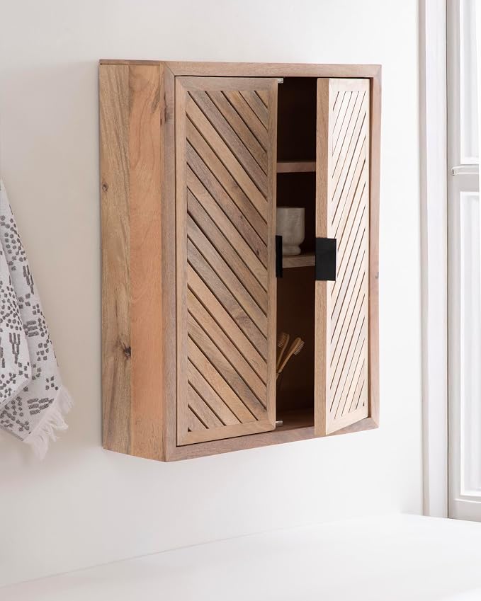 Kate and Laurel Mezzeta Decorative Modern Two-Door Floating Bathroom Cabinet; 22 x 7 x 28; Natural Wood; Decorative Solid Mango Wood Over the Toilet Storage Cabinet with Slatted Chevron Design