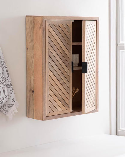 Kate and Laurel Mezzeta Decorative Modern Two-Door Floating Bathroom Cabinet; 22 x 7 x 28; Natural Wood; Decorative Solid Mango Wood Over the Toilet Storage Cabinet with Slatted Chevron Design