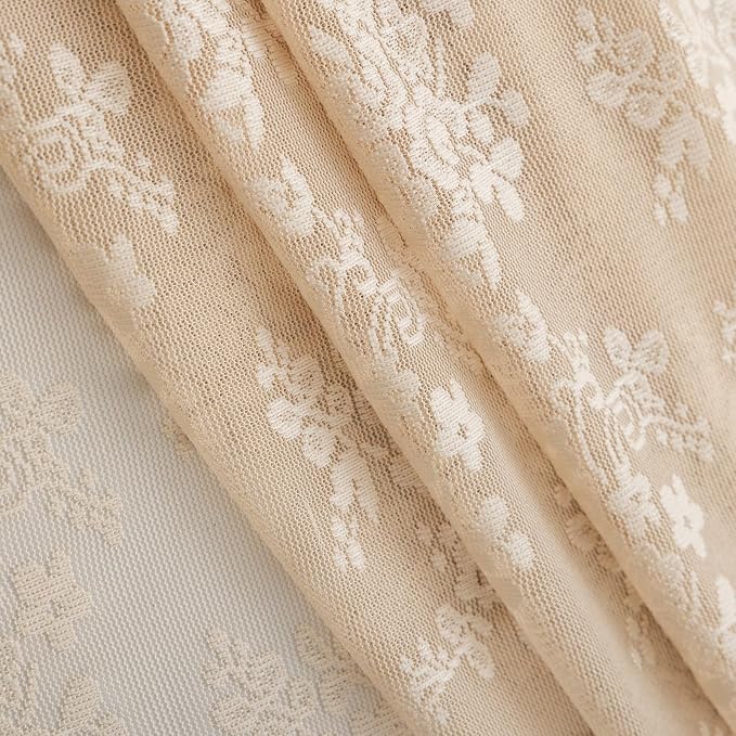 Beige Shower Curtain 72x72, Cottage Core Lace with Attached Valance | Cottage Core Shower Curtain with Scalloped, Floral lace Details, Soft Light, Antique Vintage and Boho Bathroom Decor