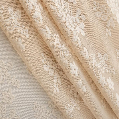 Beige Shower Curtain 72x72, Cottage Core Lace with Attached Valance | Cottage Core Shower Curtain with Scalloped, Floral lace Details, Soft Light, Antique Vintage and Boho Bathroom Decor
