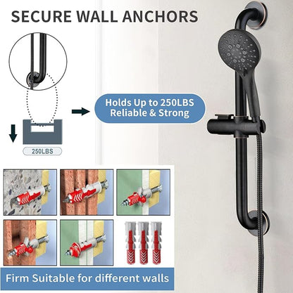 BRIGHT SHOWERS Slide Bar Shower Set with Handheld Shower Head, ADA-Compliant Stainless Steel Grab Bar, Adjustable Height and 69-Inch Hose, Oil Rubbed Bronze