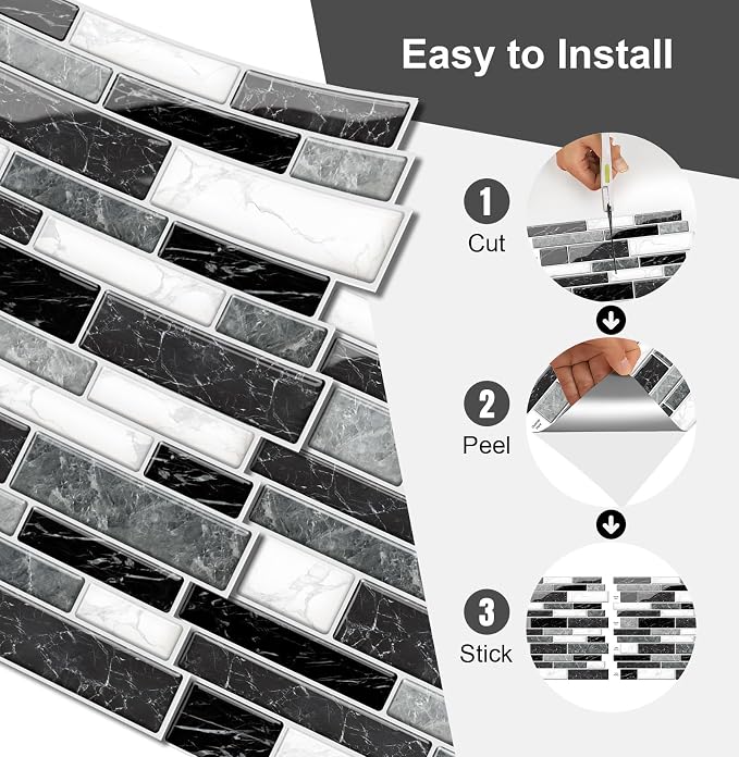 10 Sheets Peel and Stick Backsplash, Peel and Stick Wall Tiles, Marble Look Tiles Backsplash for Kitchen and Bathroom, Livingroom, 12”x12”,Black&White
