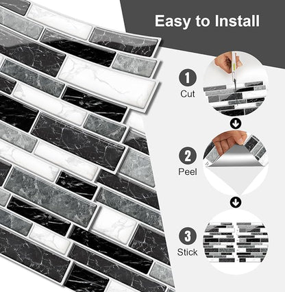 10 Sheets Peel and Stick Backsplash, Peel and Stick Wall Tiles, Marble Look Tiles Backsplash for Kitchen and Bathroom, Livingroom, 12”x12”,Black&White