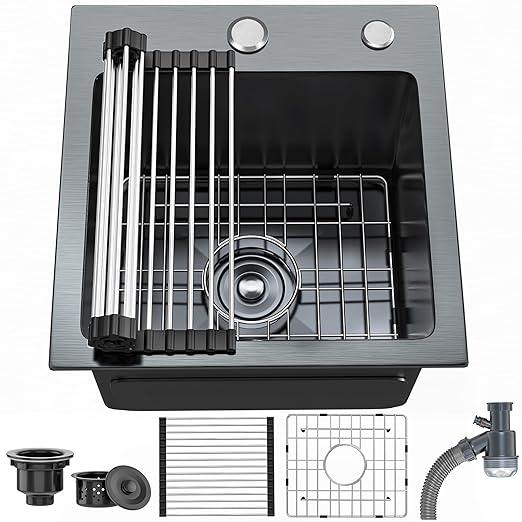 YITAHOME Black Drop In Kitchen Small Sink 15in Topmount Stainless Steel | Single Bowl for Workstation, Bar 15 x 15 x 10 Inch